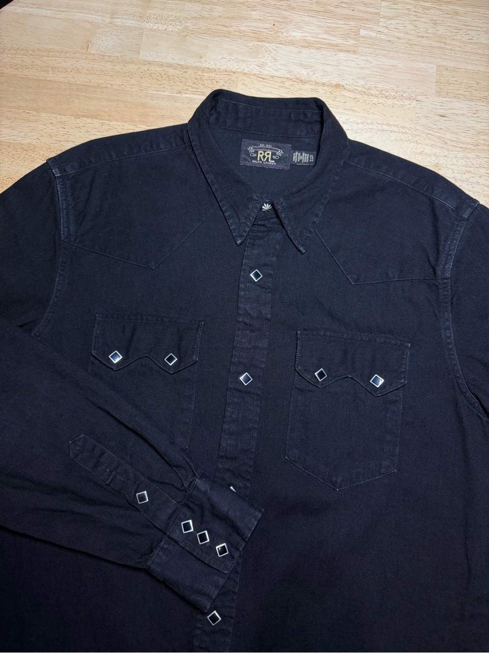 RRL Double RL Western Shirt Mens Black Denim Diamond Snap Sawtooth Size XL